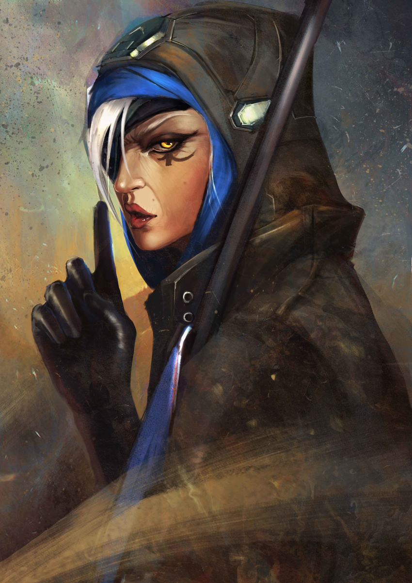 absurdres ana_(overwatch) black_gloves bodysuit braid coat dark_skin eyelashes eyeliner eyepatch eyeshadow facial_mark facial_tattoo finger_to_mouth gloves gun hand_up headband highres hijab holding holding_gun holding_weapon hood hooded_coat index_finger_raised lips lipstick long_hair makeup mascara mudui_mianyu nose old_woman overwatch red_lips red_lipstick rifle shushing sniper_rifle solo tattoo upper_body weapon white_hair yellow_eyes