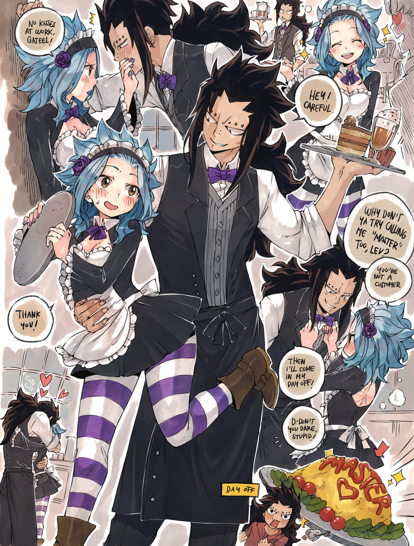 1boy 1girl black_hair blue_hair fairy_tail gajeel_redfox levy_mcgarden tagme waitress