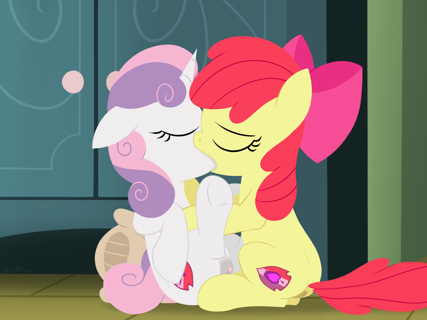 2017 anus apple_bloom_(mlp) clitoris cub cutie_mark dtcx97 duo equine eyes_closed feral friendship_is_magic hair horn invalid_tag kissing mammal my_little_pony pussy pussy_juice sweetie_belle_(mlp) unicorn young