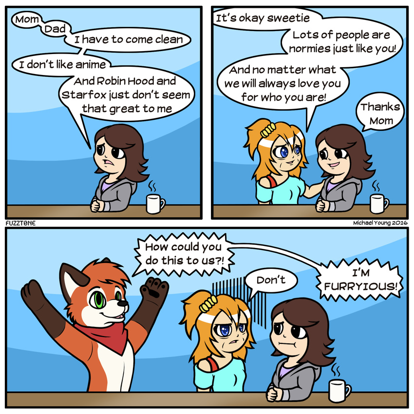 2016 anthro black_eyes blue_eyes brown_hair canine clothing coffee_mug comic cup female fox furry_lifestyle fursuit fuzzt0ne green_eyes group hair hi_res hoodie human humor inside male mammal open_mouth ponytail pun scarf simple_background speech_bubble