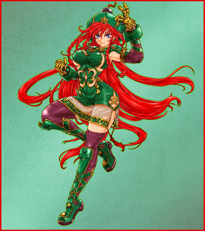 :3 absurdly_long_hair alternate_costume armpits aura bangs black_gloves black_legwear blue_eyes boots border braid breasts clenched_hand commentary_request dress earrings elbow_gloves eyeliner eyeshadow full_body gauntlets gloves green_background green_dress green_footwear green_hat hand_up hat highres hips hong_meiling jewelry ledjoker07 long_hair looking_at_viewer makeup medium_breasts panties pantyshot pantyshot_(standing) red_border red_hair revealing_clothes see-through shiny shiny_clothes shiny_hair short_dress smile solo standing standing_on_one_leg star thigh_boots thighhighs touhou twin_braids underwear very_long_hair white_panties