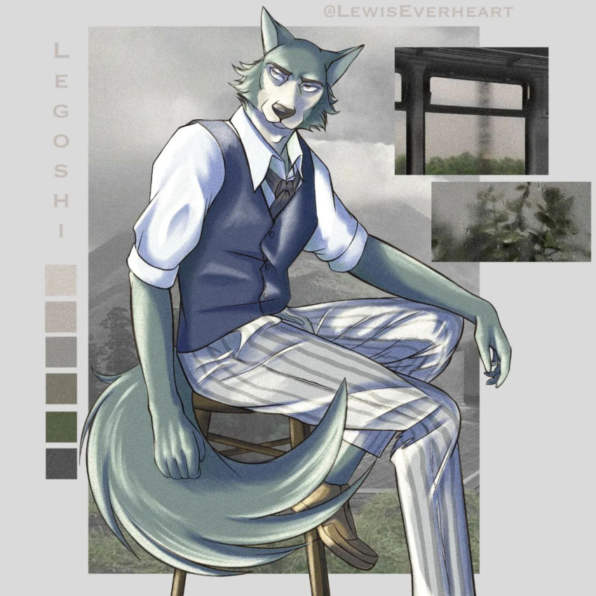 1:1 anthro beastars blurred_background canid clothed clothing color_swatch fully_clothed fur furniture green_body green_fur hi_res legoshi_(beastars) lewis_everheart male mammal necktie pose signature sitting solo stool