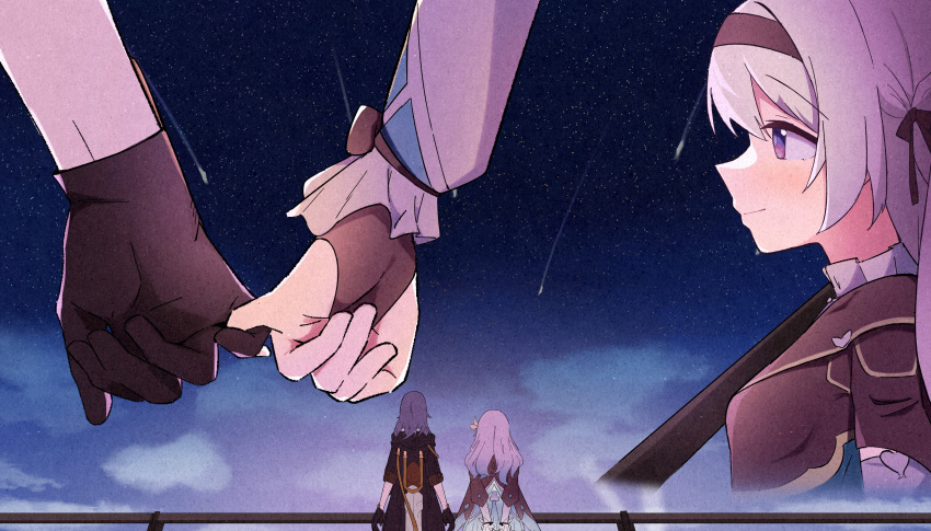 2girls absurdres black_gloves black_hairband black_jacket blue_hair blue_skirt bridal_gauntlets closed_mouth cropped_torso evening firefly_(honkai:_star_rail) gloves gradient_hair grey_hair hair_intakes hairband highres honkai:_star_rail honkai_(series) hood hood_down hooded_jacket jacket long_hair long_sleeves multicolored_hair multiple_girls multiple_views night night_sky outdoors pinky_swear pleated_skirt purple_eyes railing shirt shooting_star skirt sky smile star_(sky) starry_sky stelle_(honkai:_star_rail) trailblazer_(honkai:_star_rail) twbb_(akimotomiki0224) white_shirt wide_shot yuri