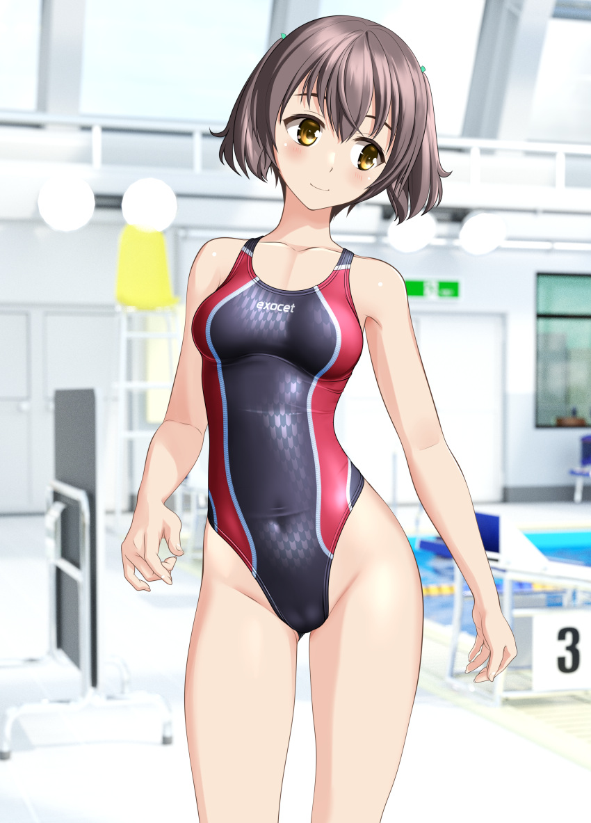 1girl absurdres black_one-piece_swimsuit brown_eyes brown_hair cameltoe commentary_request competition_swimsuit contrapposto covered_navel groin highres indoors looking_to_the_side multicolored_clothes multicolored_swimsuit one-piece_swimsuit original short_hair solo standing starting_block swimsuit takafumi twintails variant_set yagasuri