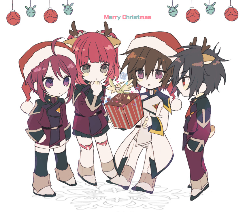 2boys 2girls absurdres agnes_giebenrath ahoge animal_ears antlers black_skirt black_thighhighs boots brown_hair deer_ears eyeshadow grey_eyes gundam_seed_freedom hands_in_pockets haro hat highres horns kira_yamato lunamaria_hawke makeup mechanical_wings merry_christmas military military_uniform miniskirt multiple_boys multiple_girls non-humanoid_robot pink_eyeshadow pink_hair pleated_skirt purple_eyes red_eyes red_hair red_uniform reindeer_antlers robot robot_animal santa_hat seed0x0 shinn_asuka short_hair skirt thighhighs torii_(gundam) twintails uniform white_skirt white_thighhighs white_uniform wings