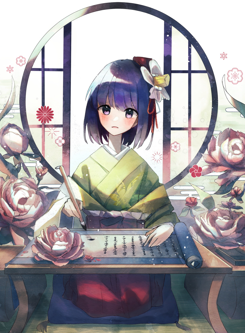 1girl absurdres blush calligraphy calligraphy_brush commentary_request flower green_kimono hair_flower hair_ornament hieda_no_akyuu highres holding_calligraphy_brush japanese_clothes jigsaw_paru kimono long_sleeves looking_at_viewer open_mouth paintbrush purple_eyes purple_hair scroll seiza short_hair sitting solo touhou wide_sleeves writing