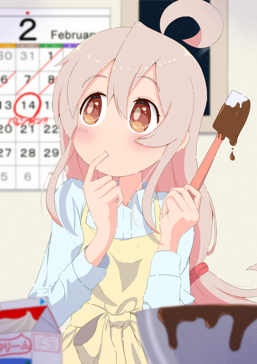 1girl absurdres ahoge apron blush calendar_(object) chocolate chocolate_making eureka_illust finger_in_own_mouth genderswap genderswap_(mtf) highres holding holding_spatula long_hair long_sleeves milk_carton mixing_bowl onii-chan_wa_oshimai! orange_eyes oyama_mahiro pink_hair solo spatula valentine