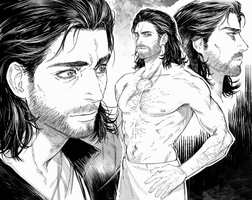 1boy abs baldur's_gate baldur's_gate_3 bara beard beard_stubble cowboy_shot dol_(d0_lc2) dungeons_and_dragons facial_hair gale_(baldur's_gate) greyscale hairy highres looking_at_viewer male_focus mature_male medium_hair monochrome multiple_views mustache_stubble navel navel_hair nipples pectorals profile smile sparse_chest_hair standing stomach stubble thick_eyebrows toned toned_male topless_male