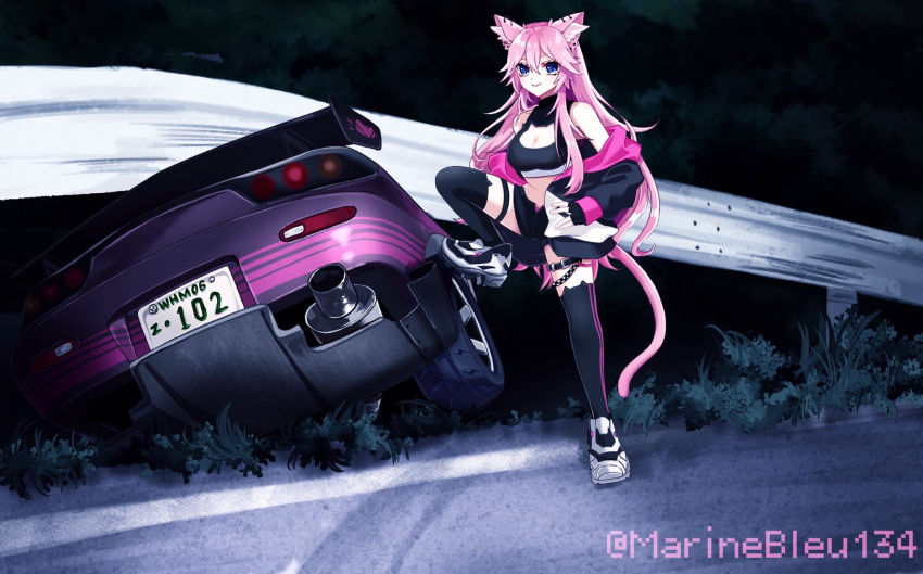 1girl animal_ear_fluff animal_ears black_jacket black_thighhighs blue_eyes breasts car car_crash cat_ears cat_girl cat_tail cleavage cleavage_cutout clothing_cutout commentary commission crop_top dark guard_rail hair_between_eyes highres indie_virtual_youtuber jacket jacket_partially_removed mazda mazda_rx-7 mazda_rx-7_fd motor_vehicle mugi_(marineblue134) open_clothes open_jacket photo-referenced pink_hair road skeb_commission smile solo spoiler_(automobile) standing standing_on_object symbol-only_commentary tail thigh_strap thighhighs twitter_username whimz white_footwear