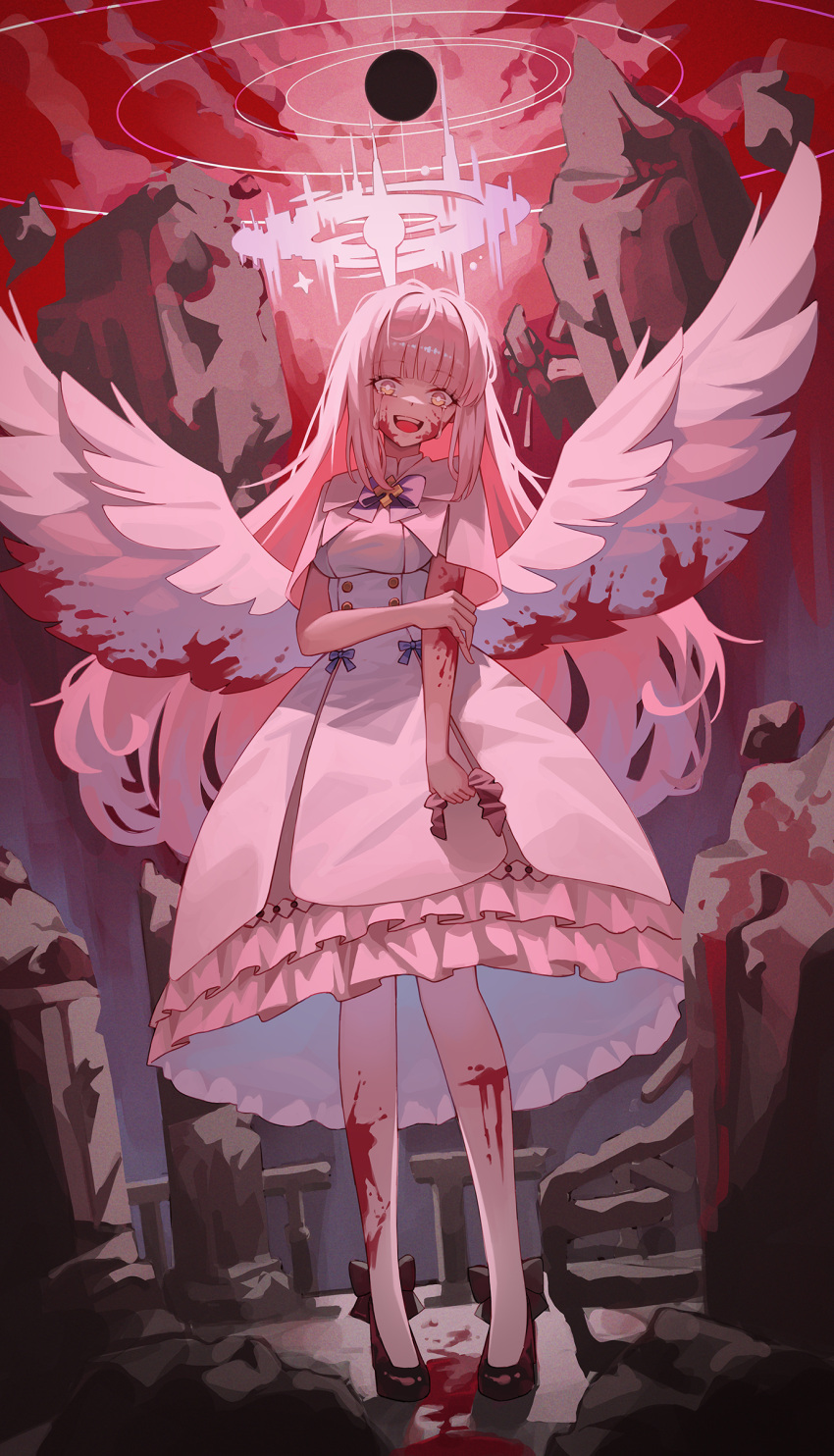 1girl absurdres angel_wings aspih_sp black_footwear blood blood_on_clothes blood_on_face blue_archive breasts capelet crazy_smile crying crying_with_eyes_open dress frilled_dress frills halo high_heels highres long_hair looking_at_viewer medium_breasts mika_(blue_archive) open_mouth pantyhose pink_hair pink_halo smile solo standing tears white_capelet white_dress white_pantyhose white_wings wings yellow_eyes