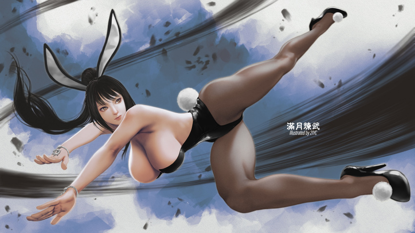 1girl 21yc_(september_breeze) animal_ears black_hair black_leotard breasts brown_eyes fake_animal_ears fake_tail highres kicking large_breasts leotard lethor_(mabinogi) long_hair mabinogi mabinogi_heroes midair pantyhose playboy_bunny ponytail rabbit_ears rabbit_tail solo strapless strapless_leotard tail