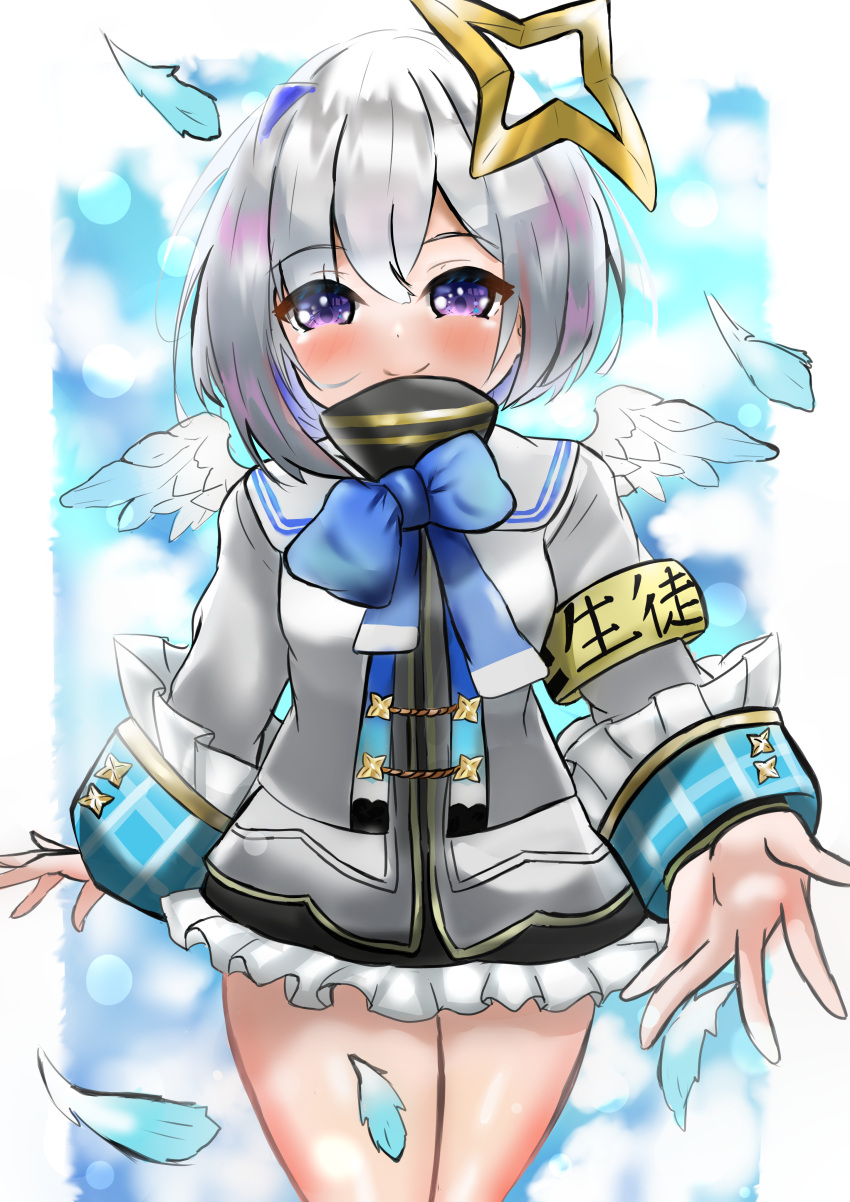 1girl absurdres amane_kanata amane_kanata_(1st_costume) angel angel_wings armband blue_bow blue_hair blush bob_cut bow falling_feathers feathered_wings feathers grey_hair halo highres hololive long_sleeves looking_at_viewer multicolored_hair purple_eyes reaching reaching_towards_viewer short_hair smile solo star_halo streaked_hair taji_(0otjvdaomwqtqbx) virtual_youtuber wings