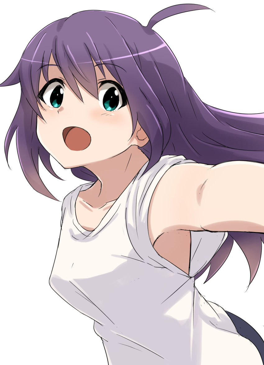 1girl absurdres ahoge blush breasts collarbone from_side green_eyes hair_between_eyes highres idolmaster idolmaster_million_live! idolmaster_million_live!_theater_days long_hair looking_at_viewer mochizuki_anna moyashi_tomozuku open_mouth outstretched_arm purple_hair shirt short_sleeves simple_background small_breasts smile solo white_background white_shirt