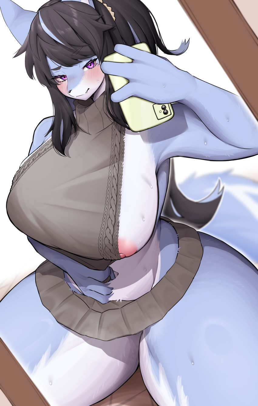 absurd_res anthro big_breasts breasts canid canine canis clothed clothing denyfake digital_media_(artwork) female fingers fur hi_res kemono looking_at_viewer mammal meme meme_clothing nipples ookami-chan_(kim_3022) selfie simple_background solo sweater topwear virgin_killer_sweater wolf