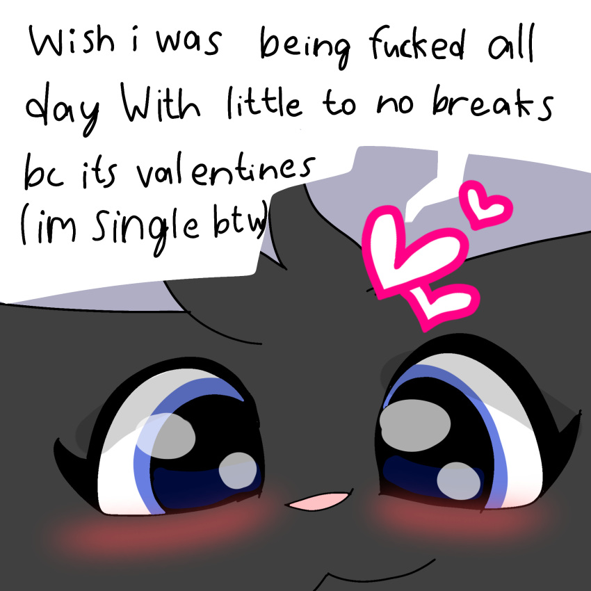 &lt;3 black_body blue_eyes blush canid canine cute_expression cute_eyes eyeshadow felid feline fox fywi fywi_(fywi) handwritten_text head_tuft hearts_around_head hi_res holidays hybrid makeup mammal pink_nose simple_coloring smile sparkling_eyes speech_bubble stare text tuft valentine's_day