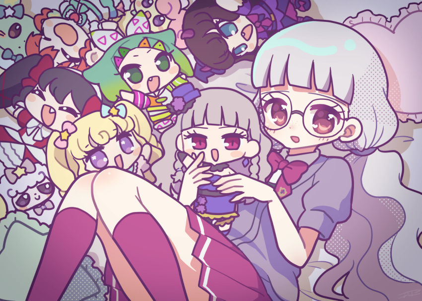 1girl :d avocado_academy_school_uniform black_hair blonde_hair blue_eyes blunt_bangs blush bow brown_eyes brown_hair cardigan character_doll chuppe closed_eyes commentary_request doll fang feet_out_of_frame gaaruru_(pripara) glasses green_hair grey_cardigan grey_hair hair_bow hands_up holding holding_doll idol_time_pripara kneehighs knees_up koda_michiru kokichi_yoko kurosu_aroma long_hair looking_at_viewer low_twintails miichiru_(pripara) mouse nijiiro_nino open_mouth pitsuji pretty_series pripara puffy_short_sleeves puffy_sleeves punicorn purple_eyes red_bow red_eyes red_socks round_eyewear school_uniform sheep shiratama_mikan shirt short_hair short_sleeves sidelocks smile socks solo stuffed_toy twintails two_side_up very_long_hair wavy_hair white_shirt yumekawa_yui