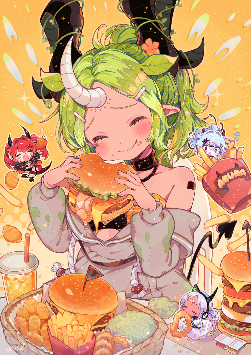 4girls absurdres amakawa_tamawo blue_hair blush blush_stickers boned_meat burger burger_malfunction chibi closed_eyes cup dark-skinned_female dark_skin demon_girl demon_tail disposable_cup drink drinking_straw eating food food_on_face french_kiss green_hair grey_hair hair_ornament hairclip highres hood hoodie horns kiss long_hair long_sleeves meat mini_person minigirl multiple_girls off_shoulder onion_rings open_mouth original plant plant_hair pointy_ears ponytail red_hair smile tail twintails vines