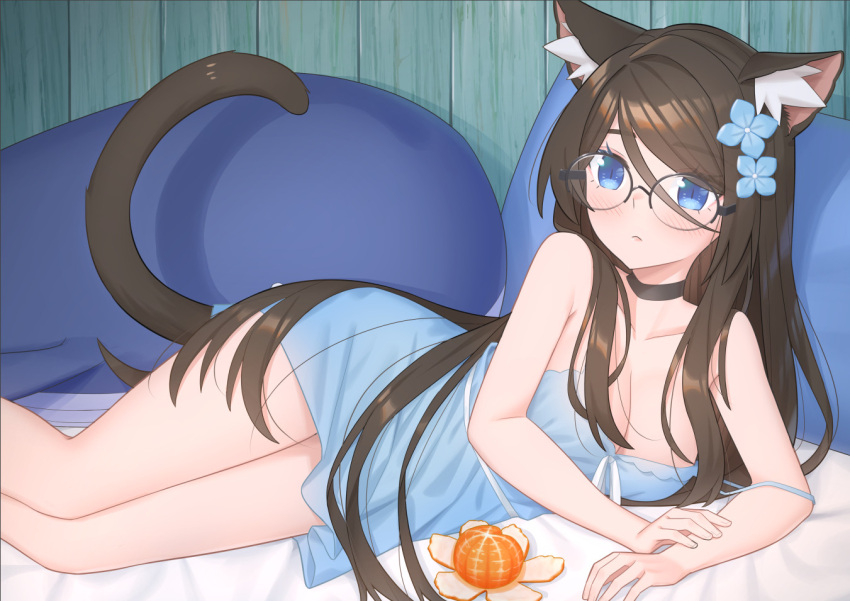 aina_(mao_lian) animal_ear_fluff animal_ears bare_legs blue_dress blush cat_ears cat_tail closed_mouth dress feet_out_of_frame flower food fruit glasses hair_between_eyes hair_flower hair_ornament long_hair mandarin_orange mao_lian_(nekokao) on_bed original over-rim_eyewear pillow semi-rimless_eyewear short_dress tail very_long_hair