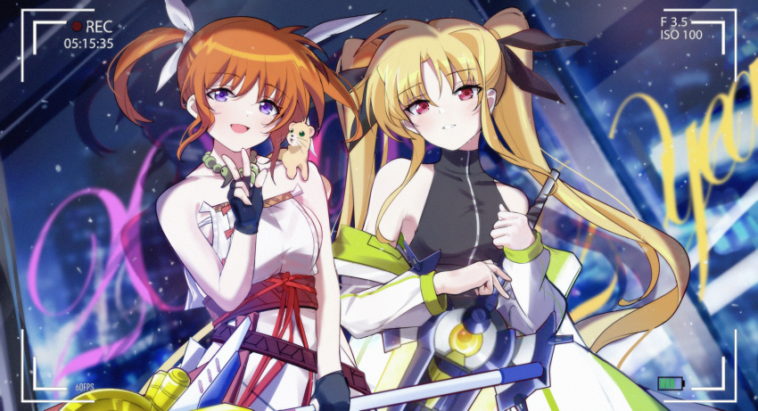 2girls absurdres bardiche bare_shoulders blonde_hair blush brown_hair changpan_hutao coat fate_testarossa fingerless_gloves gloves hair_ribbon highres holding jewelry long_hair long_sleeves looking_at_viewer lyrical_nanoha magical_girl mahou_shoujo_lyrical_nanoha multiple_girls necklace obi off_shoulder open_mouth purple_eyes raising_heart red_eyes ribbon sash smile takamachi_nanoha teeth twintails v very_long_hair yuuno_scrya