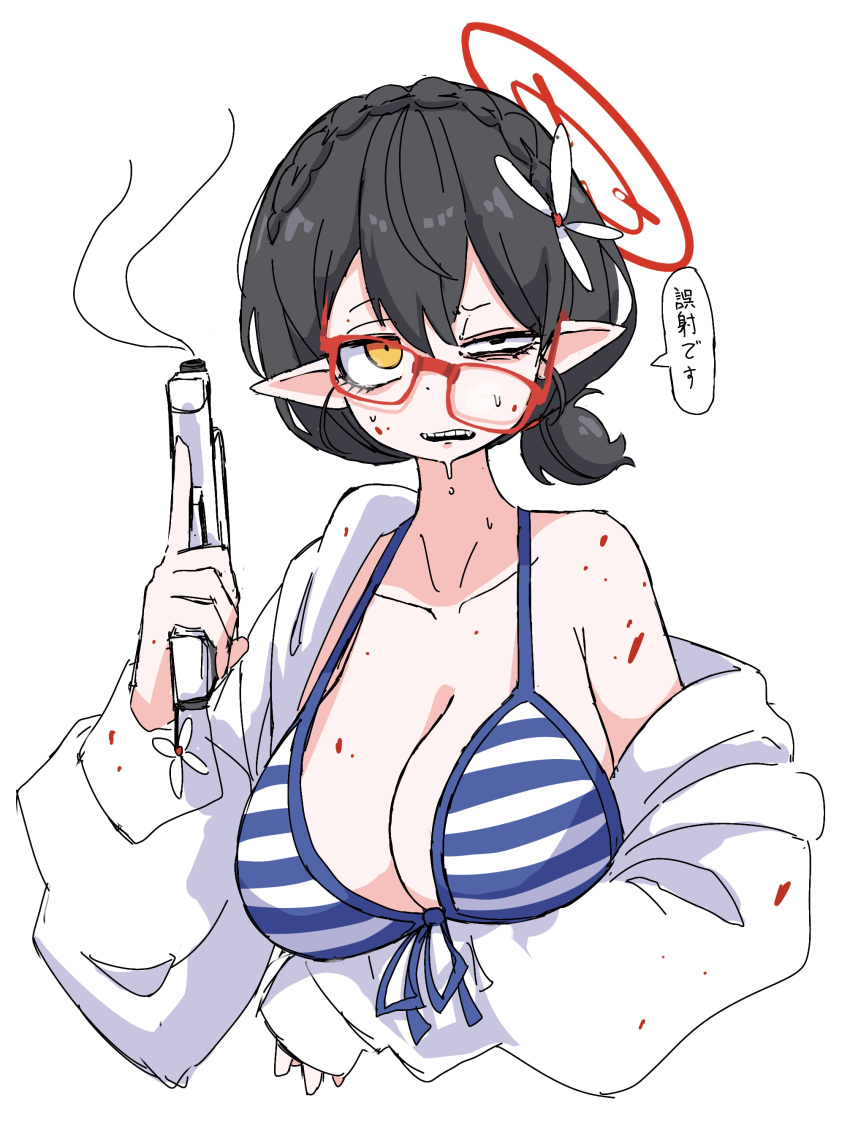 1girl absurdres arm_under_breasts ayane_(blue_archive) ayane_(swimsuit)_(blue_archive) bikini black_eyes black_hair blood blood_on_face blue_archive breasts cleavage crooked_eyewear dr_yamero glasses gun hair_ornament halo highres holding holding_gun holding_weapon jacket large_breasts looking_at_viewer low_ponytail off_shoulder open_clothes open_jacket orange_eyes pointy_ears red-framed_eyewear short_hair short_ponytail simple_background solo speech_bubble striped_bikini striped_clothes swimsuit translation_request upper_body weapon white_background white_jacket