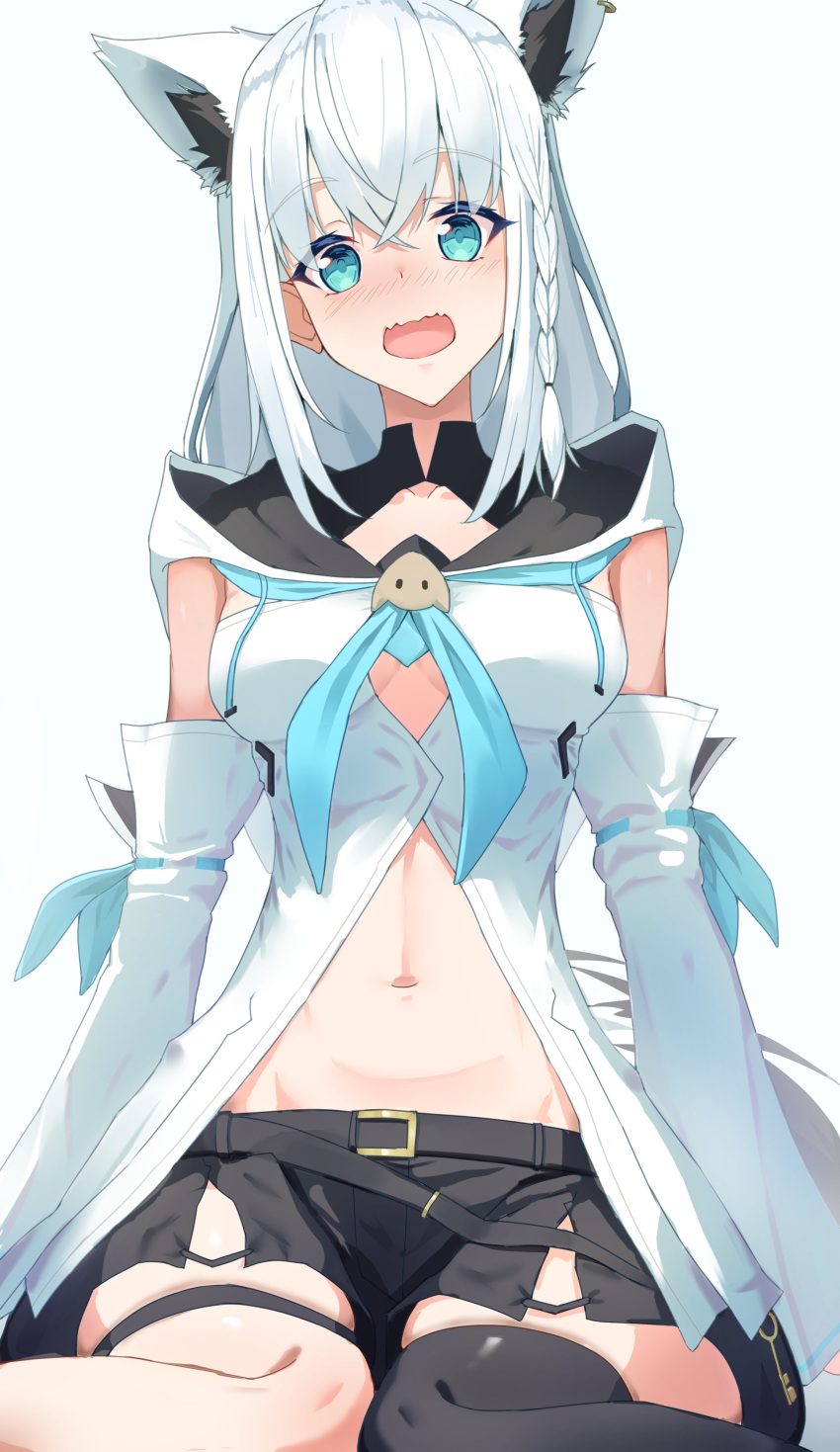 1girl absurdres animal_ear_fluff animal_ears aqua_eyes black_shorts black_thighhighs blue_neckerchief blush braid breasts commentary_request detached_sleeves earrings fox_ears fox_girl fox_tail front_slit hair_between_eyes highres hololive hood hoodie jewelry kirimoya long_hair long_sleeves looking_at_viewer midriff_peek navel neckerchief open_mouth shirakami_fubuki shirakami_fubuki_(1st_costume) short_shorts shorts side_braid sidelocks simple_background single_earring single_thighhigh sitting small_breasts solo tail thighhighs virtual_youtuber wariza white_background white_hair white_hoodie white_sleeves wide_sleeves