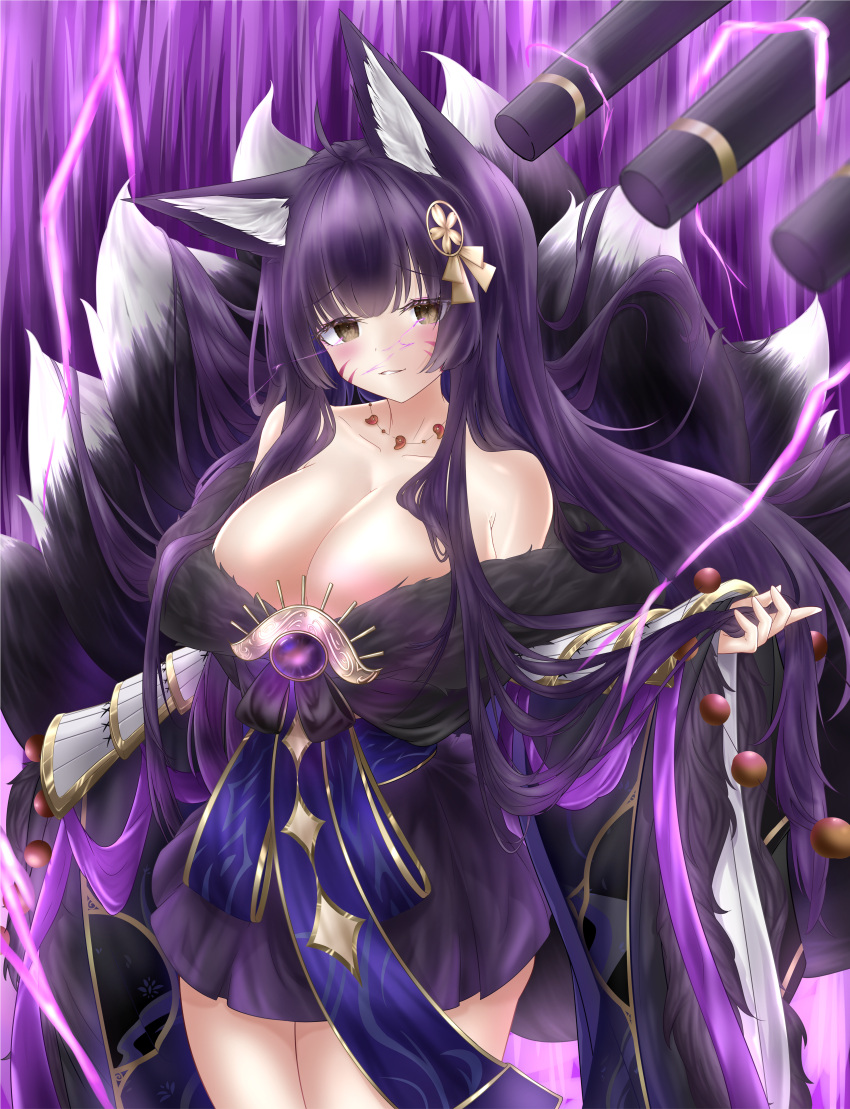 1girl absurdres animal_ear_fluff animal_ears azur_lane bare_shoulders beads breasts cleavage cute_ghost1106 facial_mark fox_ears fox_girl fox_tail gem hair_ornament highres jewelry kitsune kyuubi large_breasts large_tail long_hair looking_at_viewer low_neckline magatama magatama_necklace multiple_tails musashi_(azur_lane) necklace prayer_beads purple_gemstone purple_hair solo tail very_long_hair whisker_markings yandere yellow_eyes