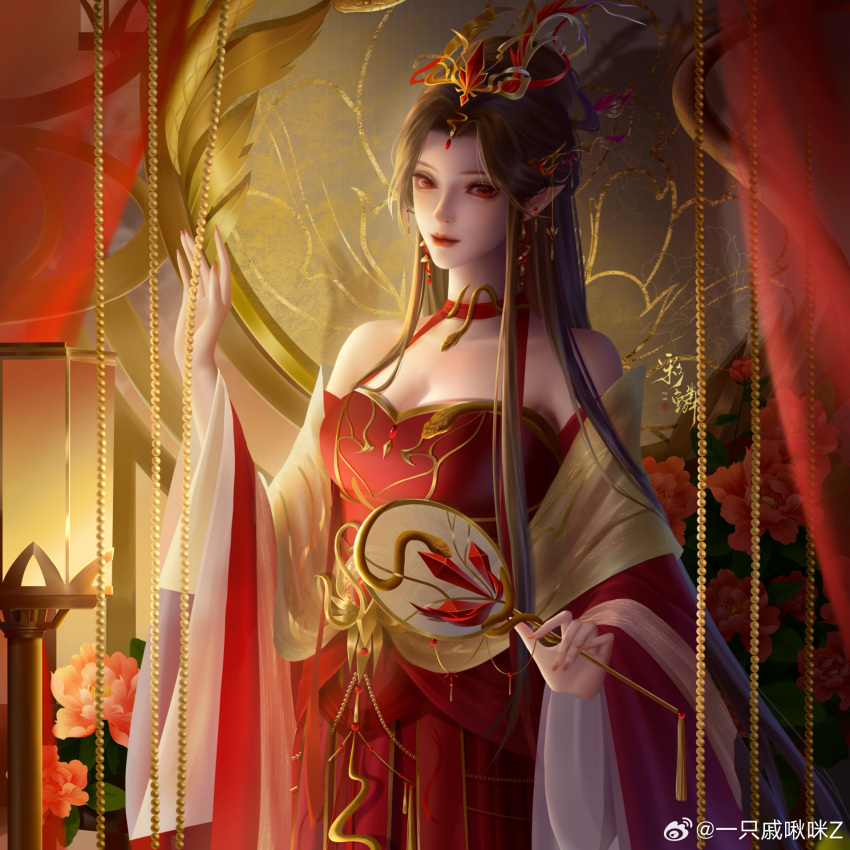 1girl artist_request bare_shoulders beads brown_hair cai_lin_(doupo_cangqiong) closed_mouth doupo_cangqiong dress hair_bun hair_ornament hand_fan hand_up highres holding holding_fan lamppost long_hair long_sleeves pointy_hair red_dress red_eyes second-party_source smile solo upper_body