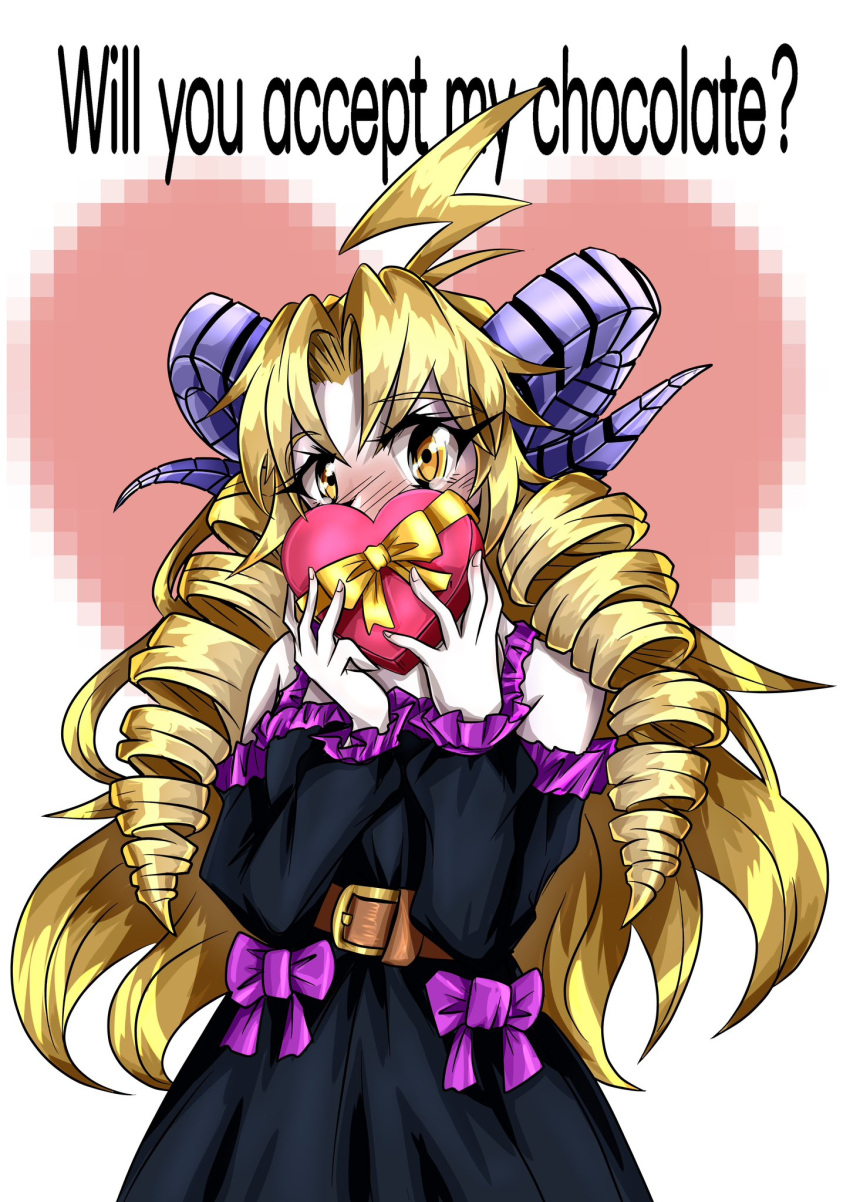 1girl antenna_hair bare_shoulders belt black_dress blonde_hair bow brown_eyes chocolate covered_mouth detached_sleeves dress dress_bow drill_hair english_text food frilled_dress frills goat_horns highres holding holding_chocolate holding_food horns long_hair looking_at_viewer original oyluser0715 purple_bow solo standing twin_drills upper_body valentine
