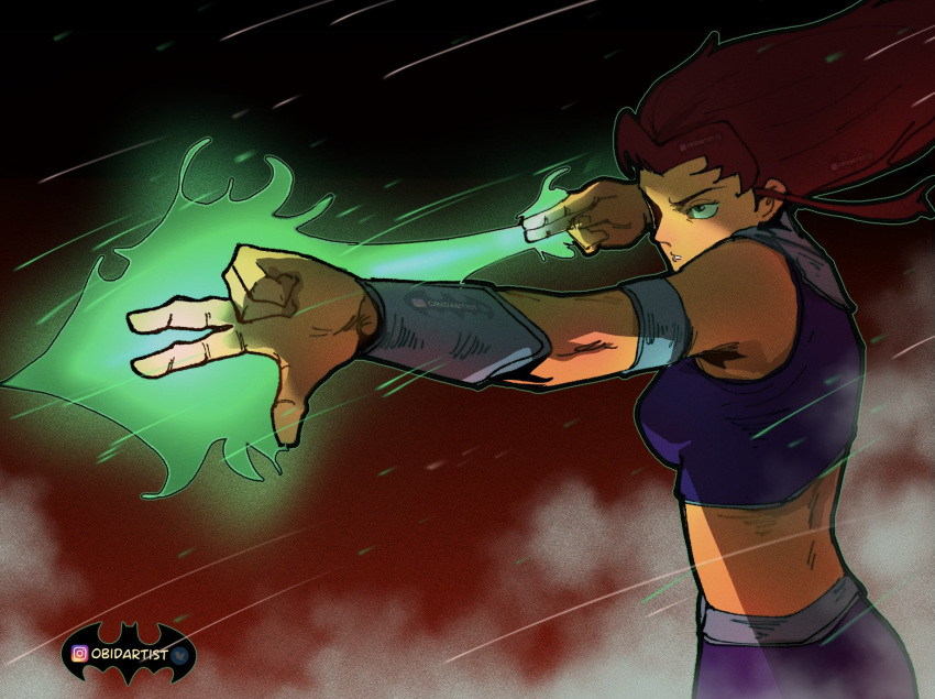 1girl aiming armband arrow_(projectile) artist_name colored_skin crop_top dc_comics flaming_weapon gauntlets highres jujutsu_kaisen logo long_hair obidrawsbad orange_skin red_hair signature simple_background skirt solo starfire teen_titans upper_body