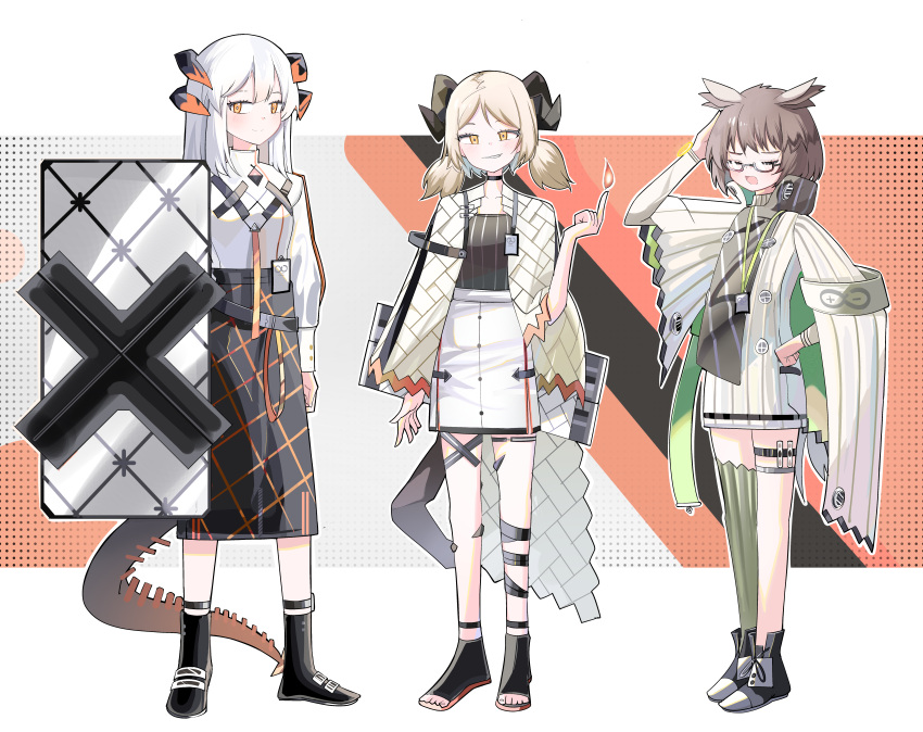 3girls absurdres arknights arm_behind_head arm_up black_footwear black_shirt black_skirt boots breasts brown-framed_eyewear brown_eyes brown_hair closed_eyes closed_mouth dress fire glasses green_thighhighs grin high-waist_skirt highres horns ifrit_(arknights) light_brown_hair long_hair long_sleeves low_twintails medium_breasts multiple_girls open_mouth orange_eyes puffy_long_sleeves puffy_sleeves pyrokinesis saria_(arknights) semi-rimless_eyewear shield shirt shoes silence_(arknights) skirt smile spam_(spamham4506) striped_clothes striped_shirt tail thighhighs toeless_footwear twintails under-rim_eyewear vertical-striped_clothes vertical-striped_shirt white_dress white_hair white_shirt white_skirt yellow_eyes