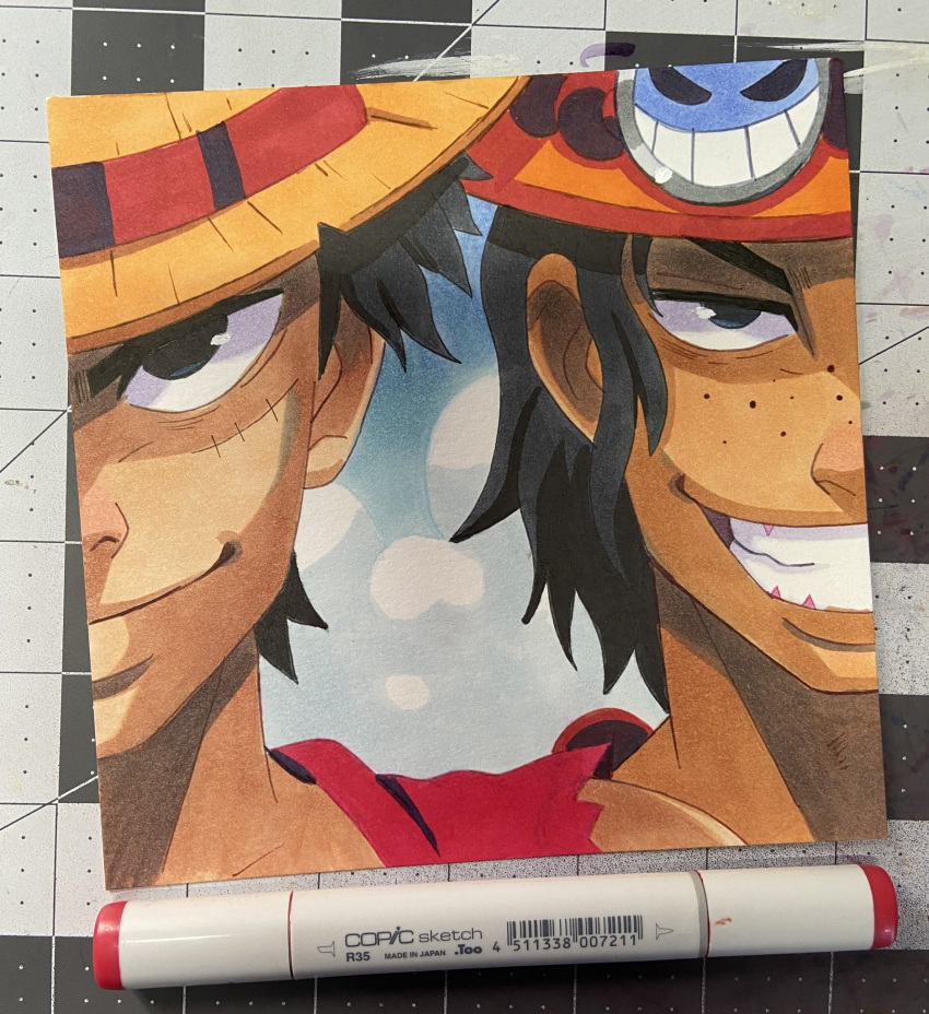 2boys art_tools_in_frame black_eyes blue_hair crumsart freckles grin hat highres looking_at_viewer male_focus marker_(medium) medium_hair monkey_d._luffy multiple_boys one_piece photo_(medium) portgas_d._ace portrait red_shirt scar scar_on_face shirt short_hair sleeveless sleeveless_shirt smile smiley_face straw_hat traditional_media