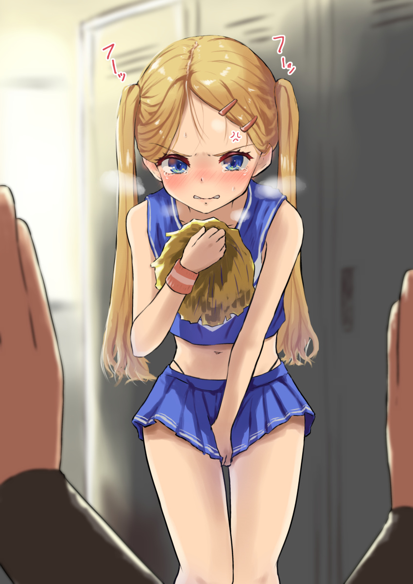 3boys anger_vein bare_shoulders between_legs blonde_hair blue_eyes blue_shirt blue_skirt blush cheerleader embarrassed hand_between_legs highleg highleg_panties highres indoors knees_together_feet_apart long_hair midriff multiple_boys navel nori_(norinorirrr) original otoko_no_ko panties pom_pom_(cheerleading) school shirt skirt sweat tearing_up tears teeth thighs twintails underwear