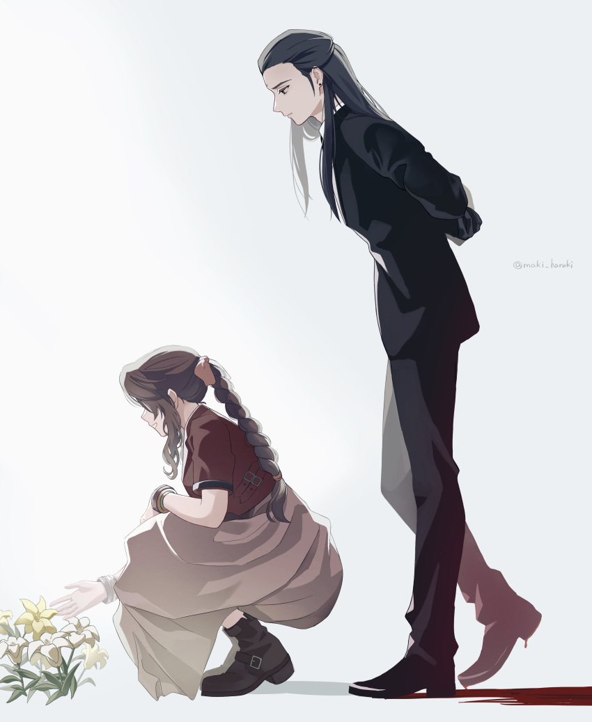 1boy 1girl absurdres aerith_gainsborough bangle bindi black_hair black_jacket black_suit bracelet braid braided_ponytail brown_hair cropped_jacket dress dress_shoes final_fantasy final_fantasy_vii final_fantasy_vii_remake flower hair_pulled_back hair_ribbon highres jacket jewelry long_dress long_hair maki_haruki pants pink_dress pink_ribbon red_jacket ribbon shirt smile squatting standing suit suit_jacket tseng turks_(ff7) twitter_username white_shirt