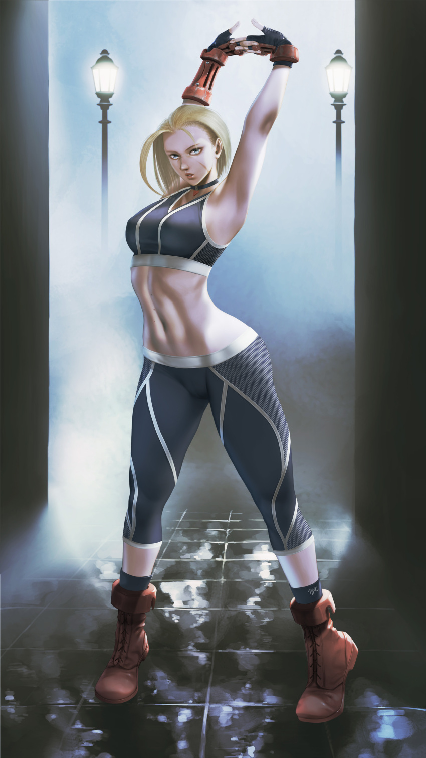 1girl 21yc_(september_breeze) absurdres alley black_pants black_sports_bra blonde_hair blue_eyes breasts cammy_white fingerless_gloves gloves highres lamppost large_breasts midriff navel pants parted_lips red_footwear scar scar_on_face simple_background solo sports_bra stomach street_fighter stretching white_background yoga_pants