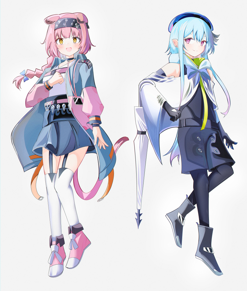 1boy 1girl :d absurdres animal_ears arknights bare_shoulders beret black_gloves black_hairband black_pantyhose black_shirt black_shorts blue_bow blue_hair blue_headwear blue_skirt boots bow braid breasts brown_eyes cat_ears cat_girl cat_tail closed_mouth creator_connection elbow_gloves garter_straps gloves goldenglow_(arknights) gradient_hair grey_background grey_footwear grey_jacket hair_between_eyes hair_bow hairband hat highres jacket lightning_bolt_print long_hair long_sleeves medium_breasts mizuki_(arknights) multicolored_hair open_clothes open_jacket pantyhose pantyhose_under_shorts pink_footwear pink_hair print_hairband puffy_long_sleeves puffy_sleeves purple_eyes shirt shorts simple_background single_braid skirt sleeveless sleeveless_shirt smile spam_(spamham4506) tail thighhighs very_long_hair white_shirt white_thighhighs