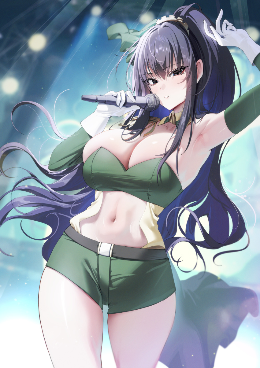1girl arm_up armpits breasts commentary_request commission cowboy_shot detached_sleeves gloves green_shirt green_shorts grey_eyes hair_ornament hair_scrunchie halter_shirt halterneck highres holding holding_microphone idol large_breasts long_hair looking_at_viewer microphone navel original parted_lips pixiv_commission ponytail purple_eyes scrunchie shirt shorts sidelocks solo thighs white_gloves yampa