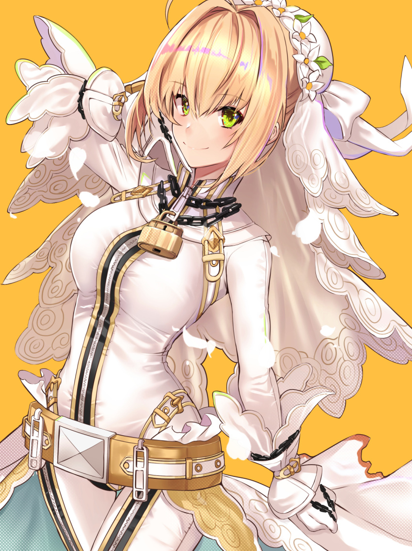 1girl ahoge belt blonde_hair blush bodysuit braid breasts bridal_veil chain fate/extra fate/extra_ccc fate/grand_order fate_(series) french_braid full-length_zipper green_eyes hair_between_eyes hair_bun hair_intakes head_wreath highres large_breasts lock long_hair long_sleeves looking_at_viewer nero_claudius_(bride)_(fate) nero_claudius_(fate) padlock single_hair_bun smile untue veil white_bodysuit yellow_background zipper