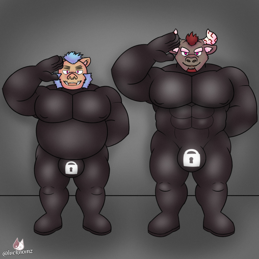 anthro barazoku bovid bovine cattle clothing corruption duo gesture gouryou gyumao hi_res horn hypnosis latex latex_clothing latex_suit lifewonders lucknomz male male/male mammal mind_control muscular muscular_male null_bulge overweight overweight_male pecs salute suina tokyo_afterschool_summoners