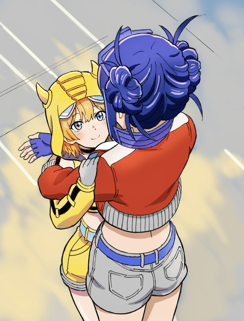 2girls absurdres back belt blonde_hair blue_eyes blue_gloves bumblebee_(kotobukiya_bishoujo)_(transformers) bumblebee_(transformers) commentary_request cowboy_shot cropped_hoodie double_bun eyewear_on_head fingerless_gloves from_above gloves grey_gloves hair_bun highres hood hoodie horned_hood horns hug jacket komagoma kotobukiya_bishoujo looking_at_another multiple_girls optimus_prime optimus_prime_(kotobukiya_bishoujo) personification red_jacket scene_reference short_hair shorts sleeveless sleeveless_hoodie smile transformers transformers:_generation_1 yuri