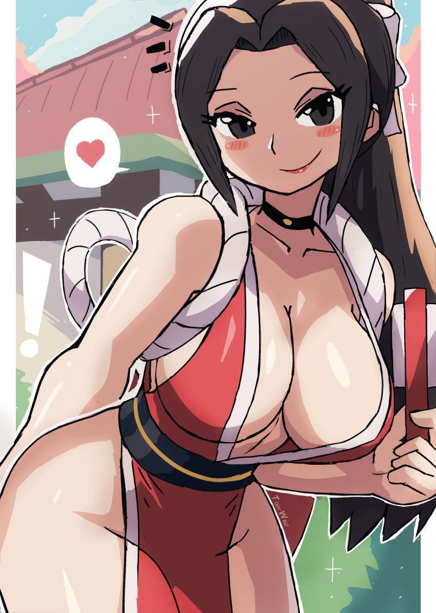 ! 1girl absurdres black_eyes black_hair blush breasts choker cleavage fatal_fury folding_fan hand_fan heart highres large_breasts long_hair looking_at_viewer pelvic_curtain ponytail shiranui_mai smile solo spoken_heart tony_welt