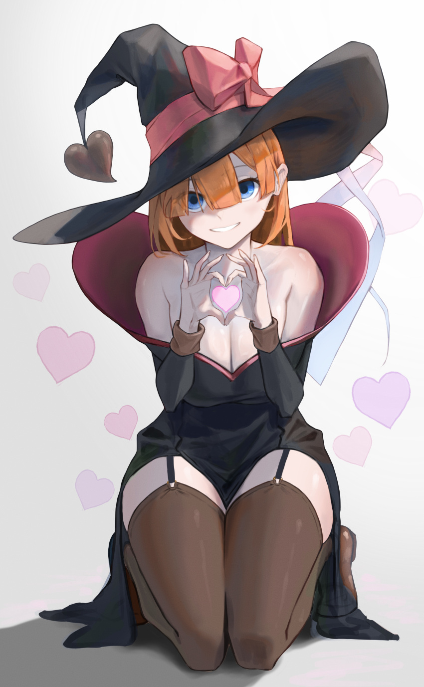 1girl absurdres black_dress black_headwear blue_eyes bow breasts brown_thighhighs cleavage dress garter_straps hat hat_bow hat_ornament heart heart_hands heart_hat_ornament highres large_breasts looking_at_viewer momaetoto orange_hair original solo thighhighs valentine witch witch_hat