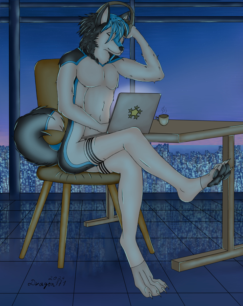 absurd_res anthro beverage canid canine canis chair city clothing coffee computer desk domestic_dog dragon171 electronics feet footwear furniture headphones hi_res husky laptop male mammal mug night nordic_sled_dog socks solo spitz star table tail town