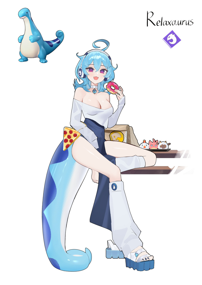 1girl absurdres ahoge blue_hair breasts cleavage doughnut food full_body highres medium_breasts medium_hair open_mouth palworld personification pizza pizza_slice purple_eyes reiko_lape relaxaurus simple_background solo tail thighs white_background