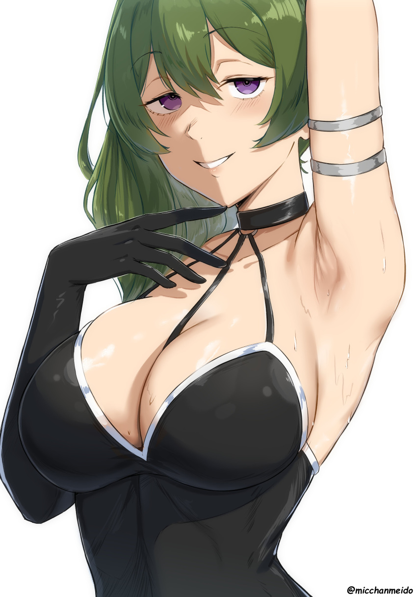 1girl absurdres arm_up armlet armpits between_breasts black_dress black_gloves breasts collarbone dress elbow_gloves gloves green_hair hair_between_eyes halterneck highres long_hair looking_at_viewer micchan_(micchanmeido) parted_lips presenting_armpit purple_eyes side_ponytail simple_background single_elbow_glove single_glove smile solo sousou_no_frieren twitter_username ubel_(sousou_no_frieren) upper_body white_background