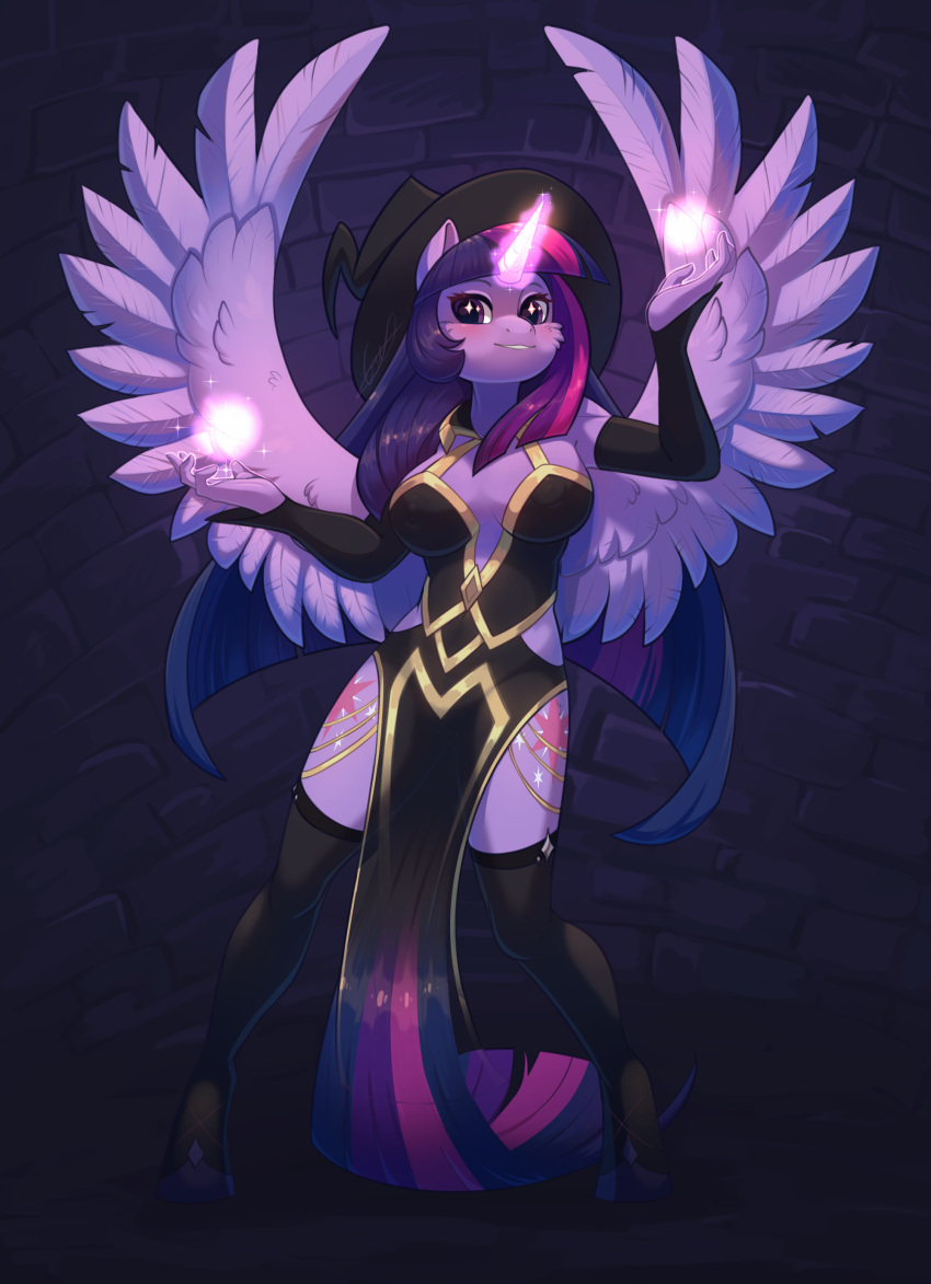 absurd_res anthro armwear breasts clothed clothing cutie_mark digital_media_(artwork) elbow_gloves equid equine feathered_wings feathers female friendship_is_magic fur gloves hair handwear hasbro hat headgear headwear hi_res horn horse legwear looking_at_viewer magic mammal multicolored_hair my_little_pony peachmayflower pony purple_body purple_fur purple_hair smile solo stockings twilight_sparkle_(mlp) two_tone_hair winged_unicorn wings witch_costume witch_hat