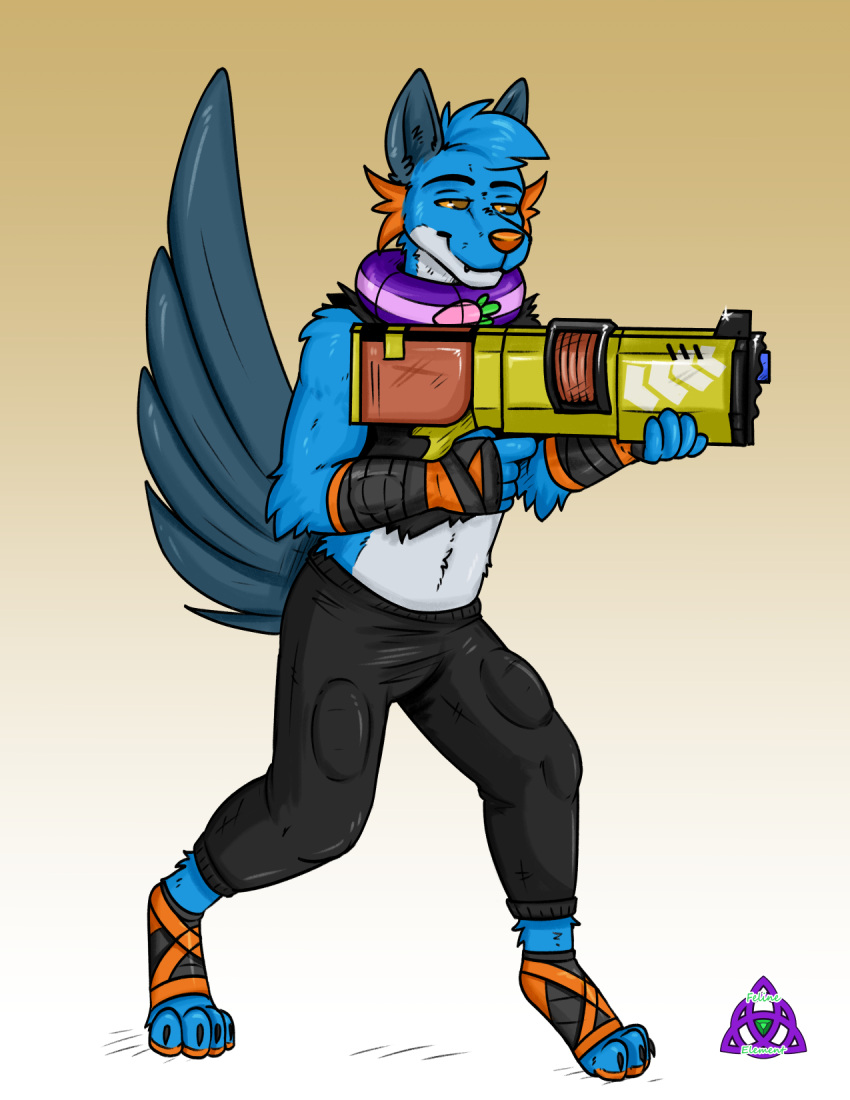 agent_3_(splatoon_3) anthro belly black_sweatpants blue_body blue_fur canid canine canis clothing feet felineelement fin food foot_wraps fruit full-length_portrait fur generation_3_pokemon gun half-closed_eyes hand_wraps head_tuft hero_shot hi_res male mammal midriff narrowed_eyes neckband neckwear nintendo orange_eyes orange_gills orange_nose orange_pawpads pawpads persim_berry persim_scarf plant pointing_gun pokemon pokemon_(species) pokemon_berry portrait pose ranged_weapon scales shirt smile solo splatoon splatoon_3 swampert tail tail_fin tank_top topwear torn_clothing tuft weapon white_belly wolf wraps xevy