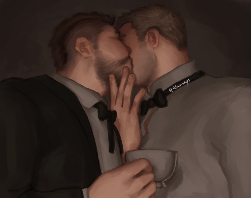 2boys alternate_costume bara beard_stubble bow bowtie bursting_pectorals call_of_duty call_of_duty:_modern_warfare_2 couple cup delusionships facial_hair from_below from_side ghost_(modern_warfare_2) highres holding holding_cup kiss kissing_cheek male_focus mature_male multiple_boys pectorals profile short_hair soap_(modern_warfare_2) stubble suit teacup thick_eyebrows upper_body yaoi