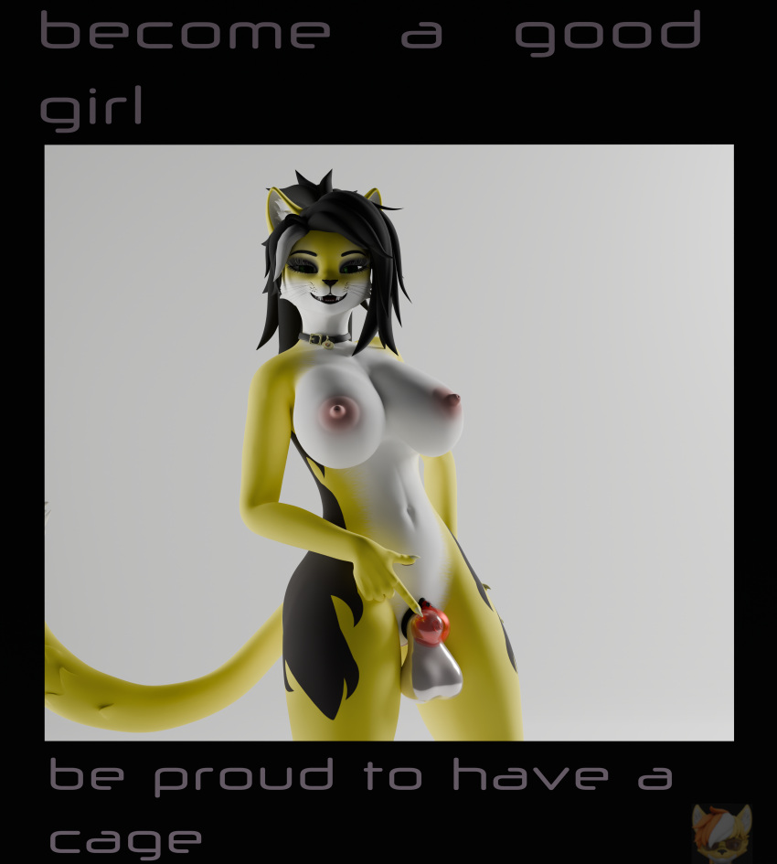 2024 3d_(artwork) absurd_res anthro balls blender_(software) chastity_cage chastity_device clawe collar digital_media_(artwork) domestic_cat english_text felid feline felis genitals gesture good_girl haolde herm hi_res intersex looking_at_viewer mammal nipples penis pointing pointing_at_penis propaganda_poster solo text