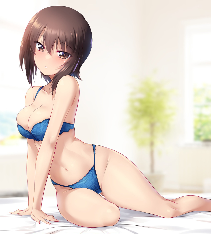 1girl arm_support bed black_eyes blue_bra blue_panties bra breasts brown_eyes cleavage feet_out_of_frame girls_und_panzer highres indoors kuzuryuu_kennosuke looking_at_viewer medium_breasts nishizumi_maho on_bed panties short_hair sitting solo tsurime underwear underwear_only yokozuwari