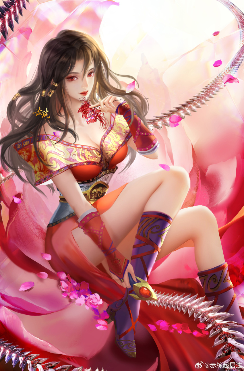 1girl absurdres bare_shoulders brown_hair chi_lian_(qinshi_mingyue) closed_mouth dress falling_petals flower full_body highres holding holding_whip long_hair medium_hair off-shoulder_dress off_shoulder petals purple_footwear qinshi_mingyue red_dress red_eyes second-party_source sitting smile solo spider_lily wang_er_liangliang